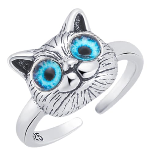 LIGIGWASH Verstellbarer Damen Ring mit Blauem Katzenauge Offener Einstellbarer Fingerring für Teenager Mädchen Modischer Süßer Katzen Schmuck Retro Stil von LIGIGWASH