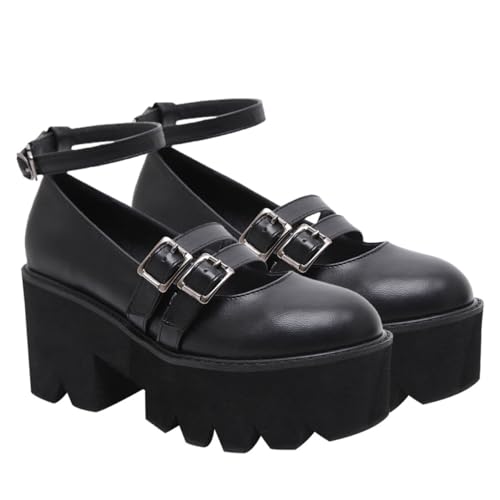 LIGIGWASH Vintage Damen Lederschuhe Rundkopf Bequeme Atmungsaktive Schuhe mit Dickem Absatz Klassische Ballerina Schuhe im College Stil Vielseitige Alltagsschuhe in Schwarz von LIGIGWASH