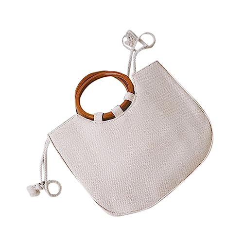 LIGIGWASH Weißer Strohtasche Damen Schultertasche mit Rundem Holzgriff Handgewebt Leichte Sommer Strandtasche für Reisen und Alltag Modische Tragetasche mit Einfachem Design von LIGIGWASH