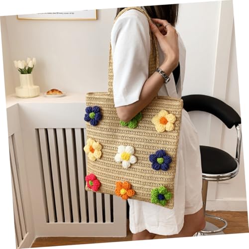 LIGIGWASH Woven Tote Handbag Damen Schultertasche mit Blumenmuster Modische Strohtasche für Alltag Einkaufen Party Langlebig Geräumig Vielseitig Kombinierbar Khakifarbener Sommerbeutel von LIGIGWASH