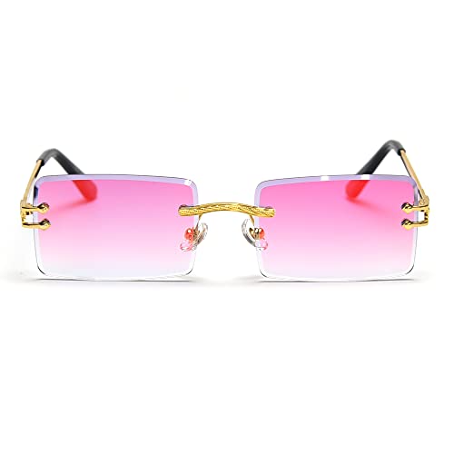 LIGOES Randlose Rechteckige Sonnenbrille Grün Blau Spiegelglas Sonnenbrille Damen Uv400 Retro Herren Getönte Shades (rosa Spiegelglas) von LIGOES