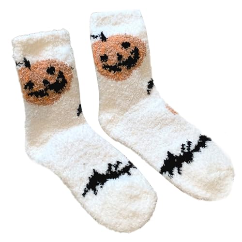 Modische Damen-Fleece-Socken mit Kürbis-Geistermuster für Halloween-Partys und Freizeitkleidung, Hausschuhe, Korallensamt, B, Einheitsgröße von LIGSLN