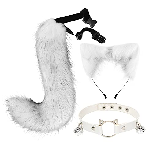 Plüsch-Katzenohren-Haarbänder, Tierschwanz, Choker-Set, Halskette, Haarbänder für Halloween, Cosplay, Party, Haarschmuck von LIGSLN