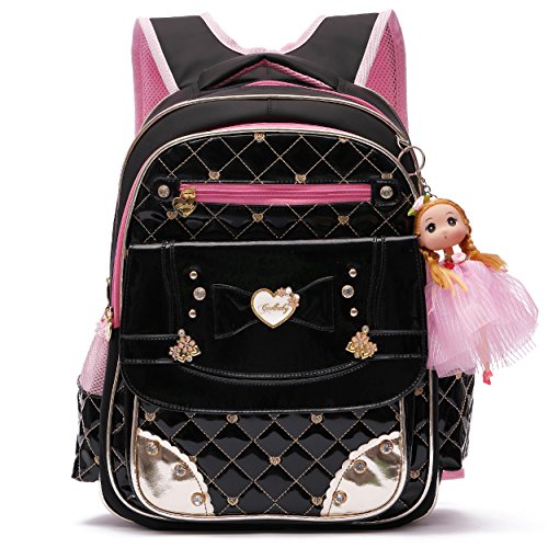 LIGUL Rucksack für Mädchen, schöne Bookbag Serie Doll entzückende Prinzessin Schule Rucksack für Grundschule Taschen Schulrucksack für Mädchen (Schwarz, L) von LIGUL