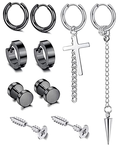 LIHELEI 10Pcs Herren Edelstahl Ohrringe, Schwarz und Silber Ohrringe Silber Baumeln Ohrclips Runde Coole Piercing Ohrstecker Schmuck für Männer von LIHELEI