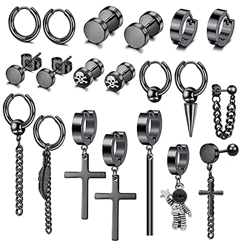 LIHELEI 20 Pcs Herren Edelstahl Ohrringe, Schwarz Ohrringe Baumeln Ohrclips Runde Coole Piercing Ohrstecker Schmuck für Männer -Schwarz von LIHELEI