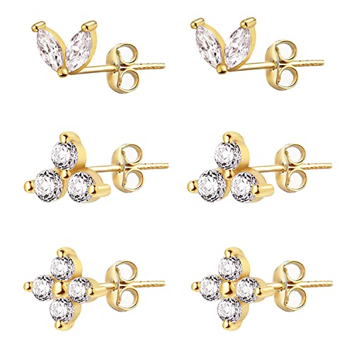 LIHELEI 3 Paar Ohrstecker Ohrringe Damen Silber, S925 Sterling Silber Ohrringe Ohrstecker mit AAA Zirkonia für Damen Mädchen-Gold von LIHELEI