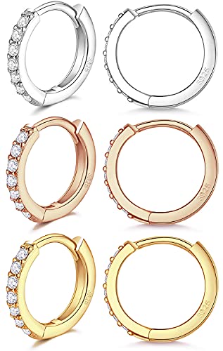 LIHELEI 3 Paar Silber Creolen Ohrringe für Damens, S925 Sterling Silber Creolen mit AAA Zirkonia, Hypoallergen Klein Schlafen Kreolen für Geburtstagsgeschenk- Silber/Gold/Roségold von LIHELEI