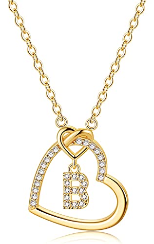 LIHELEI Damen Halskette Herz Buchstabe 925 Silber Kette Damen Personalisiere Kette, Geburtstags und Weihnachten Geschenk Für Frauen Mädchen Mama Freundin - B(Gold) von LIHELEI