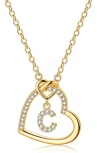 LIHELEI Damen Halskette Herz Buchstabe 925 Silber Kette Damen Personalisiere Kette, Geburtstags und Weihnachten Geschenk Für Frauen Mädchen Mama Freundin - C(Gold) von LIHELEI