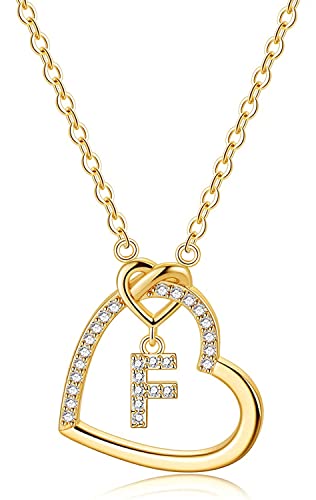 LIHELEI Damen Halskette Herz Buchstabe 925 Silber Kette Damen Personalisiere Kette, Geburtstags und Weihnachten Geschenk Für Frauen Mädchen Mama Freundin - F(Gold) von LIHELEI