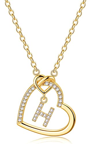 LIHELEI Damen Halskette Herz Buchstabe 925 Silber Kette Damen Personalisiere Kette, Geburtstags und Weihnachten Geschenk Für Frauen Mädchen Mama Freundin - H(Gold) von LIHELEI