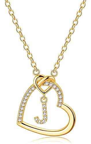 LIHELEI Damen Halskette Herz Buchstabe 925 Silber Kette Damen Personalisiere Kette, Geburtstags und Weihnachten Geschenk Für Frauen Mädchen Mama Freundin - J(Gold) von LIHELEI