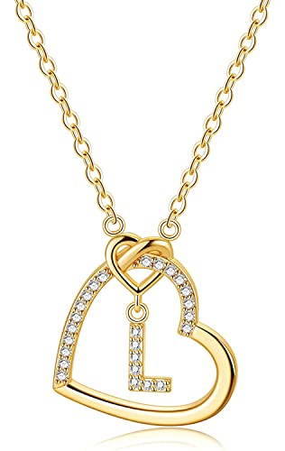 LIHELEI Damen Halskette Herz Buchstabe 925 Silber Kette Damen Personalisiere Kette, Geburtstags und Weihnachten Geschenk Für Frauen Mädchen Mama Freundin - L(Gold) von LIHELEI