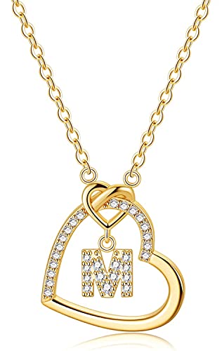 LIHELEI Damen Halskette Herz Buchstabe 925 Silber Kette Damen Personalisiere Kette, Geburtstags und Weihnachten Geschenk Für Frauen Mädchen Mama Freundin - M(Gold) von LIHELEI