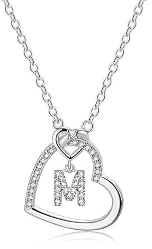 LIHELEI Damen Halskette Herz Buchstabe 925 Silber Kette Damen Personalisiere Kette, Geburtstags und Weihnachten Geschenk Für Frauen Mädchen Mama Freundin - M von LIHELEI