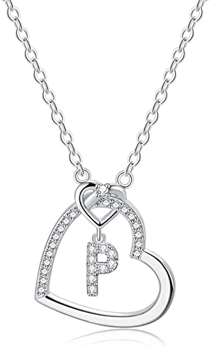 LIHELEI Damen Halskette Herz Buchstabe 925 Silber Kette Damen Personalisiere Kette, Geburtstags und Weihnachten Geschenk Für Frauen Mädchen Mama Freundin - P von LIHELEI