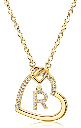 LIHELEI Damen Halskette Herz Buchstabe 925 Silber Kette Damen Personalisiere Kette, Geburtstags und Weihnachten Geschenk Für Frauen Mädchen Mama Freundin - R(Gold) von LIHELEI