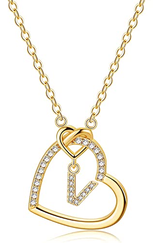 LIHELEI Damen Halskette Herz Buchstabe 925 Silber Kette Damen Personalisiere Kette, Geburtstags und Weihnachten Geschenk Für Frauen Mädchen Mama Freundin - V(Gold) von LIHELEI