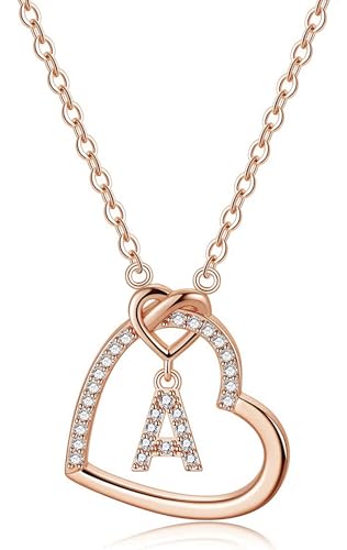 LIHELEI Damen Halskette Herz Buchstabe S925 Roségold Kette Damen Personalisiere Kette, Geburtstags und Weihnachten Geschenk Für Frauen Mädchen Mama Freundin - A(Roségold) von LIHELEI