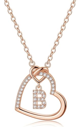 LIHELEI Damen Halskette Herz Buchstabe S925 Roségold Kette Damen Personalisiere Kette, Geburtstags und Weihnachten Geschenk Für Frauen Mädchen Mama Freundin - B(Roségold) von LIHELEI