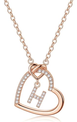 LIHELEI Damen Halskette Herz Buchstabe S925 Roségold Kette Damen Personalisiere Kette, Geburtstags und Weihnachten Geschenk Für Frauen Mädchen Mama Freundin - H(Roségold) von LIHELEI