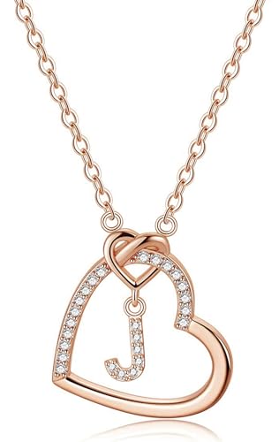 LIHELEI Damen Halskette Herz Buchstabe S925 Roségold Kette Damen Personalisiere Kette, Geburtstags und Weihnachten Geschenk Für Frauen Mädchen Mama Freundin - J(Roségold) von LIHELEI