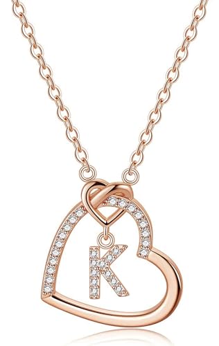 LIHELEI Damen Halskette Herz Buchstabe S925 Roségold Kette Damen Personalisiere Kette, Geburtstags und Weihnachten Geschenk Für Frauen Mädchen Mama Freundin - K(Roségold) von LIHELEI