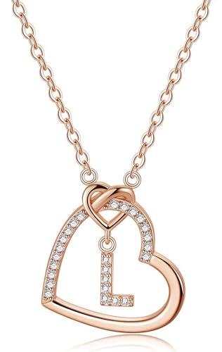 LIHELEI Damen Halskette Herz Buchstabe S925 Roségold Kette Damen Personalisiere Kette, Geburtstags und Weihnachten Geschenk Für Frauen Mädchen Mama Freundin - L(Roségold) von LIHELEI