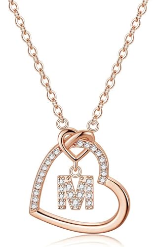 LIHELEI Damen Halskette Herz Buchstabe S925 Roségold Kette Damen Personalisiere Kette, Geburtstags und Weihnachten Geschenk Für Frauen Mädchen Mama Freundin - M(Roségold) von LIHELEI