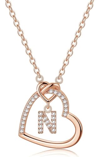 LIHELEI Damen Halskette Herz Buchstabe S925 Roségold Kette Damen Personalisiere Kette, Geburtstags und Weihnachten Geschenk Für Frauen Mädchen Mama Freundin - N(Roségold) von LIHELEI