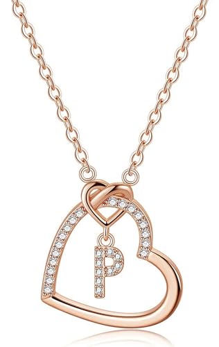 LIHELEI Damen Halskette Herz Buchstabe S925 Roségold Kette Damen Personalisiere Kette, Geburtstags und Weihnachten Geschenk Für Frauen Mädchen Mama Freundin - P(Roségold) von LIHELEI