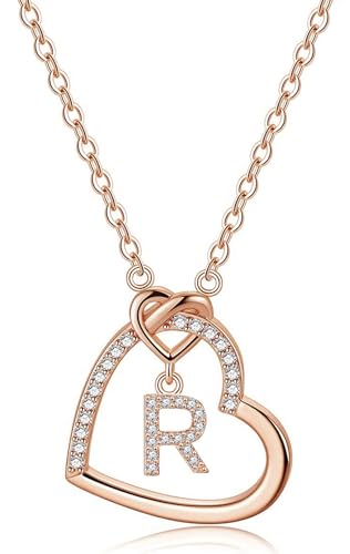 LIHELEI Damen Halskette Herz Buchstabe S925 Roségold Kette Damen Personalisiere Kette, Geburtstags und Weihnachten Geschenk Für Frauen Mädchen Mama Freundin - R(Roségold) von LIHELEI