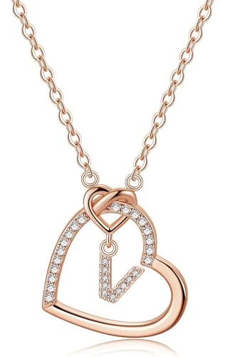 LIHELEI Damen Halskette Herz Buchstabe S925 Roségold Kette Damen Personalisiere Kette, Geburtstags und Weihnachten Geschenk Für Frauen Mädchen Mama Freundin - V(Roségold) von LIHELEI