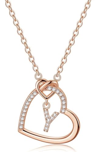 LIHELEI Damen Halskette Herz Buchstabe S925 Roségold Kette Damen Personalisiere Kette, Geburtstags und Weihnachten Geschenk Für Frauen Mädchen Mama Freundin - Y(Roségold) von LIHELEI