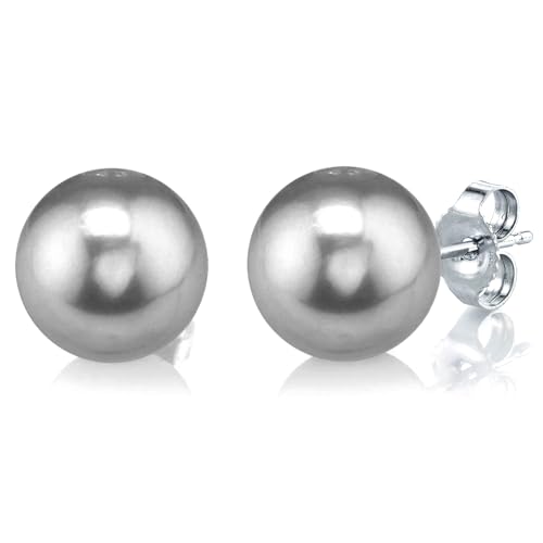 LIHELEI Perlen Ohrstecker Damen, Perlen Ohrringe 925 Sterling Silber 10mm Button Weiß Süßwasser Perlen Ohrstecker Geschenk für Damen - Silbergraue Perle von LIHELEI