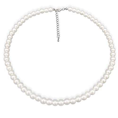 LIHELEI Perlenkette, 6mm Pearl Necklace, Silber Imitation Perle Halskette Damen, Pearl Orb Choker, Perlenkette für Herren, Hochzeit Braut Schmuck Accessoires -38cm Länge von LIHELEI