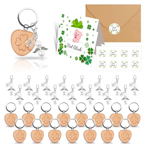 LIHIQIYA Glücksbringer Schulanfang Set, Vierblättriges Schlüsselanhänger Kleeblatt, 8er Holz Herz Schlüsselanhänger Viel Glück Holzanhänger mit Kleeblatt Glücksbringer für Schüler Erzieher Kollegen von LIHIQIYA