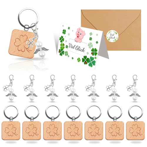 LIHIQIYA Vierblättriges Schlüsselanhänger Kleeblatt, 8er Holz Schlüsselanhänger Viel Glück Holzanhänger mit Kleeblatt Glücksklee Glücksbringer Schule Mutmacher Geschenke für Schüler Erzieher Kollegen von LIHIQIYA