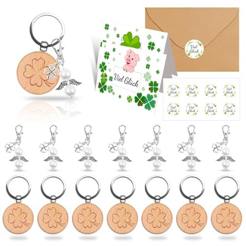 LIHIQIYA Einschulung Geschenk, Vierblättriges Schlüsselanhänger Kleeblatt, 8er Holz Schlüsselanhänger Viel Glück Holzanhänger mit Kleeblatt Glücksklee Glücksbringer für Schüler Erzieher von LIHIQIYA