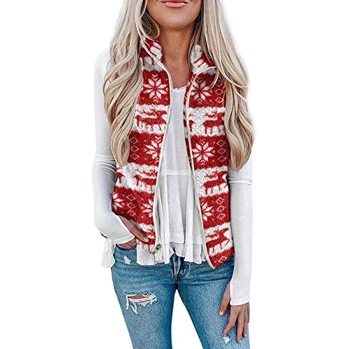 Damen Flauschige Weihnachts-Fleecejacke, leichte Weste, gemütlich, ärmellos, Strickjacke mit Reißverschluss, Oberbekleidung mit Tasche, Fransenweste für Damen, rot, 42 von LIJCC