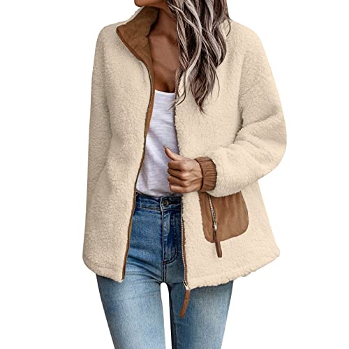 Damen Fleecejacke Wintermäntel Knopfleiste Leopard Revers Oberbekleidung Jacke Fleecejacke Damen, beige, 38 von LIJCC