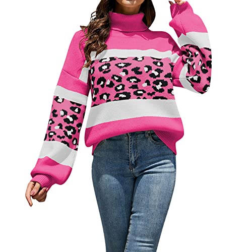 Damen Rollkragen Colorblock Leopard Strickpullover Langarm Leopard Pullover Open Knit Pullover für Damen Pullover, hot pink, XL von LIJCC
