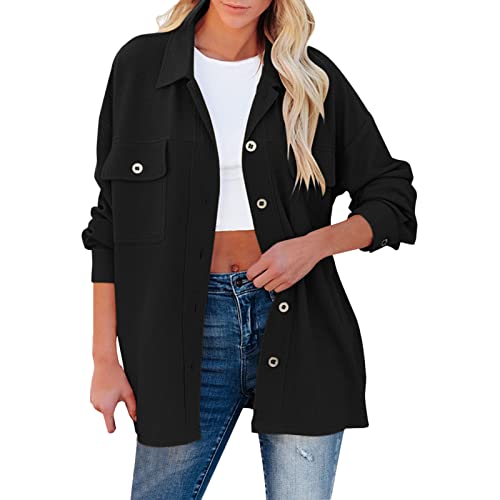 Damen Shacket Revers Knopfleiste Freizeit Hemdjacke Langarm Solid Mantel Oberteile mit Taschen Vollärmel Oberteile für Frauen, Schwarz , 48 von LIJCC