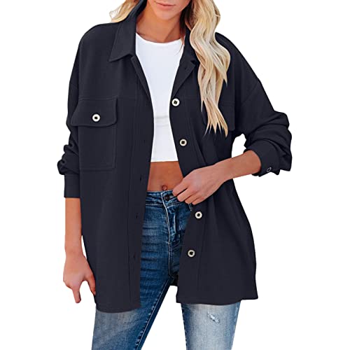 Damen Shacket Revers Knopfleiste Freizeit Hemdjacke Langarm Solid Mantel Oberteile mit Taschen Vollärmel Oberteile für Frauen, dunkelblau, 48 von LIJCC