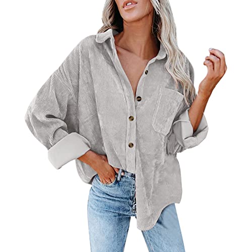 Herbstjacke Damen Cord Button Down Hemd Oversized Blusen Tops Langarm Casual Warm Jacke mit Taschen, grau, 46 von LIJCC