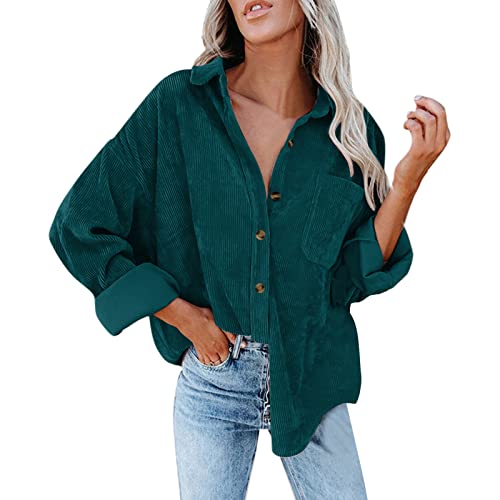 Herbstjacke Damen Cord Button Down Hemd Oversized Blusen Tops Langarm Casual Warm Jacke mit Taschen, grün, 36 von LIJCC