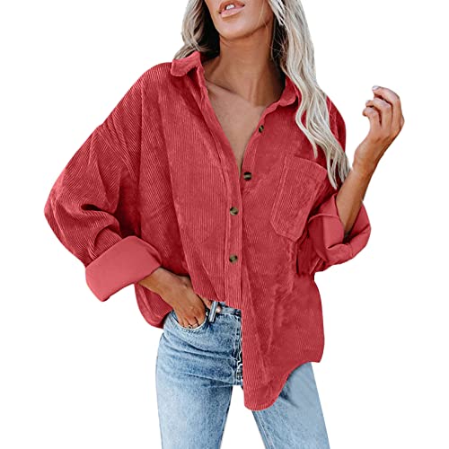 Herbstjacke Damen Cord Button Down Hemd Oversized Blusen Tops Langarm Casual Warm Jacke mit Taschen, wassermelone, 36 von LIJCC