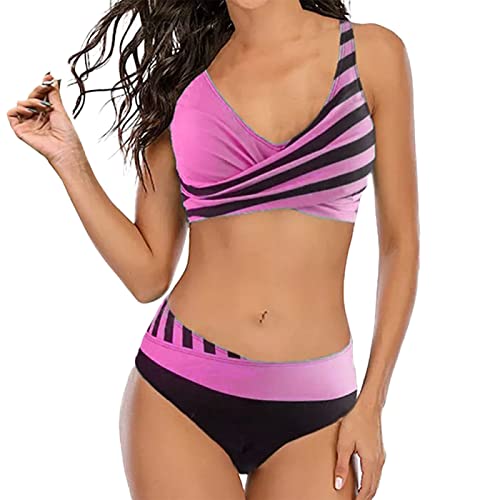 Mastektomie-Badeanzüge für Frauen mit Tasche Lands End Damen Bikini-Set Hohe Taille Bikini Zweiteiliger Badeanzug Twist Hook Eye Verstellbare Träger, Pink-1, XL von LIJCC