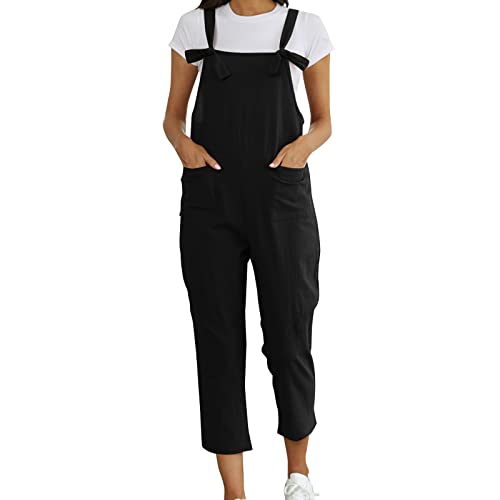 Rollkragen, kleine Damen, gewaschenes Leinen, Trägerjeans, Overall, lässig, zerrissene Leinen, Jumpsuits, Strampler, Smokinghose für Damen, Schwarz , XXL von LIJCC